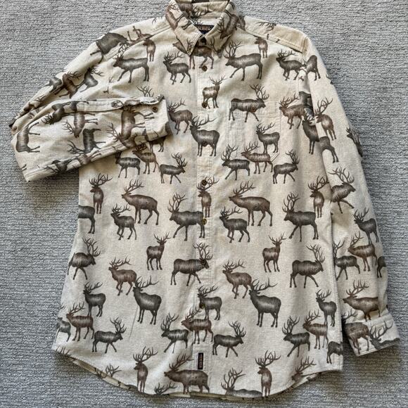 Vintage Men’s Woolrich 2XL Tall Elk Moose Button Up Flannel Khaki Brown Shirt - Picture 2 of 7
